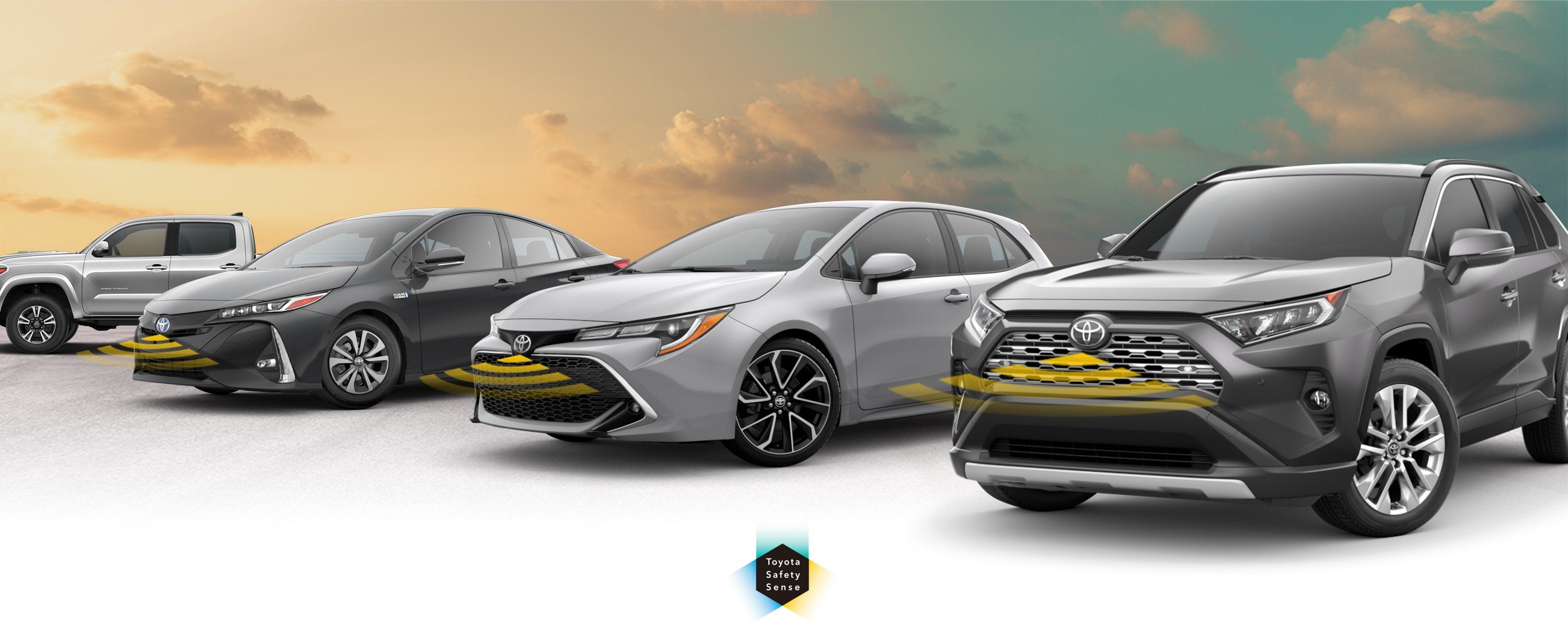 Toyota Safety Sense: Designed for Safety. Options shown on Toyota models including RAV4, Tacoma, and Camry, available now at Dublin Toyota in Dublin CA.